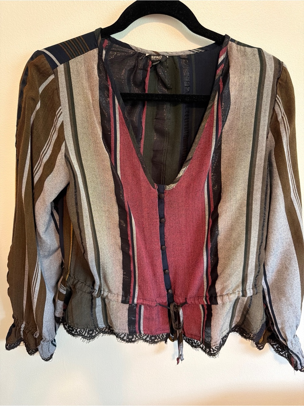 Buffalo David Bitton Striped Button-Front Blouse in Olive & Burgundy